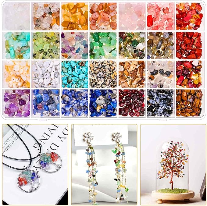 Crystal Chips Beads for Ring Making, 28 Colors Gemstone Beads for Jewelry Making, Crystal Ring Making Kit with Plastic Box for Jewelry Ring, Bracelets, Earring Making Supplies