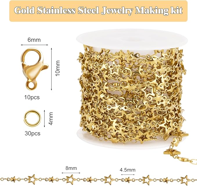 GTVOODX Gold PVD Stainless Steel Chains for Jewelry Making, 13 Feet Star Link Chain Bulk for Jewelry Making Necklace DIY Craft