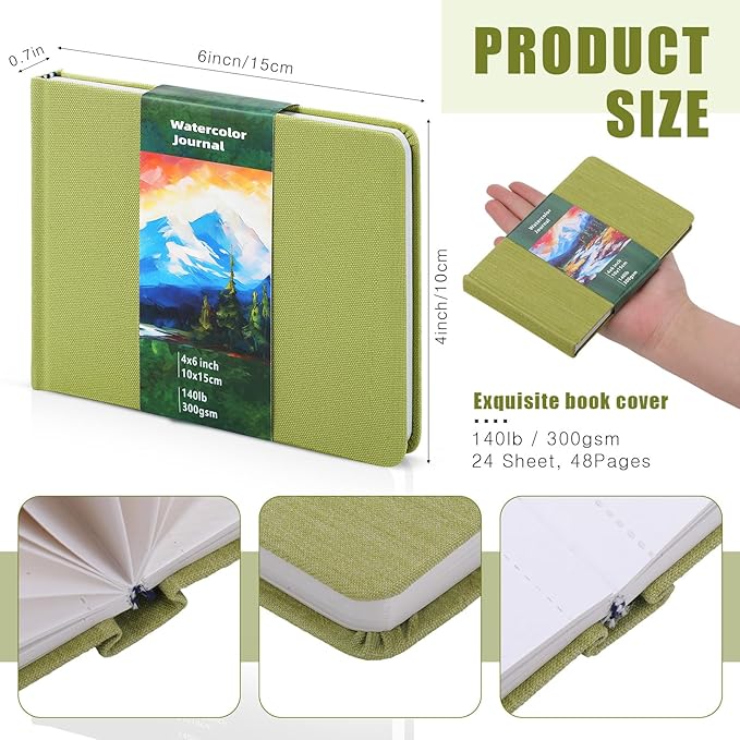 Dispowreath 6 x 4 in Watercolor Sketchbook Journal Square Watercolor Notebook Cold Press 140lb 300gsm Cotton Paper 48 Pages Journals Notebook Paper Pads(Green)