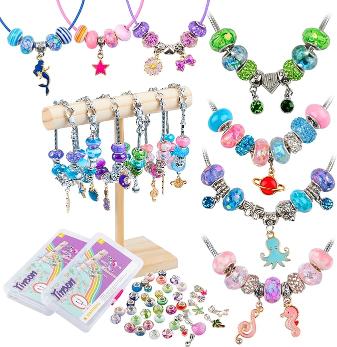 Beads Jewelry Making Kit – Charm Bracelet & Necklace DIY Set with Pearl, Shell & Pony Beads, Creative Arts and Crafts Gift for Birthday