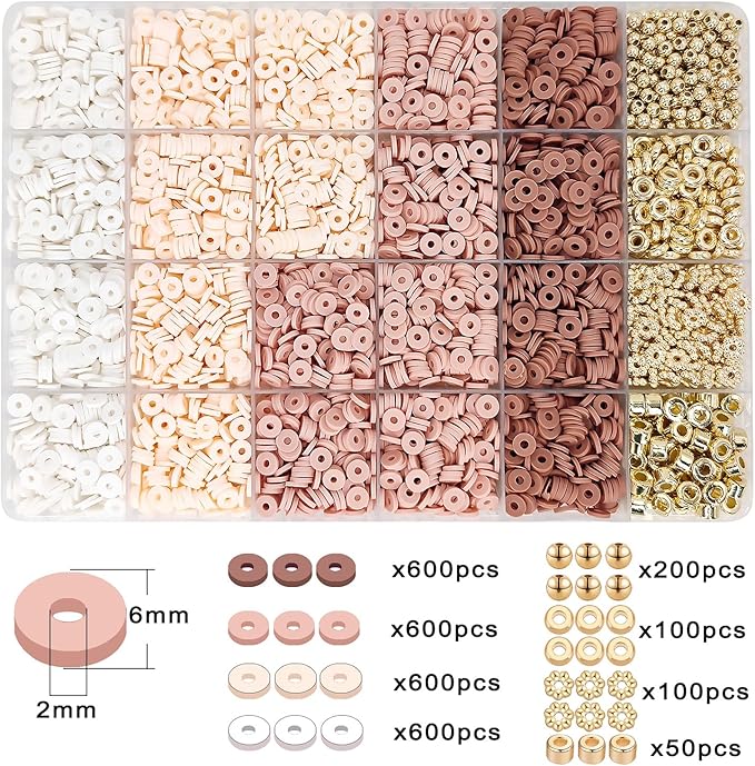 MIIIM Neutral Clay Bead Bracelet Kit, Heishi, Flat Clay and Gold Spacer Beads for Jewelry Making, Friendship Bracelet Kit for Crafts, Concerts, Raves, Gifts (Rose Smoke)