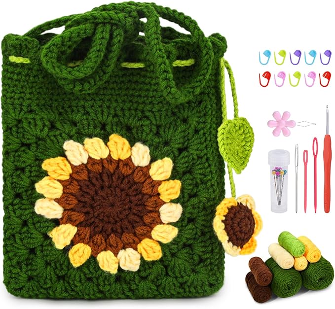 Pnytty Crochet Kit-Bag for Beginners, DIY Crochet Flower Bag Starters Craft Kniting Kits for Adults Include Crochet Yarn Hook Tools Supplies and Easy Step-by-Step Video Tutorials
