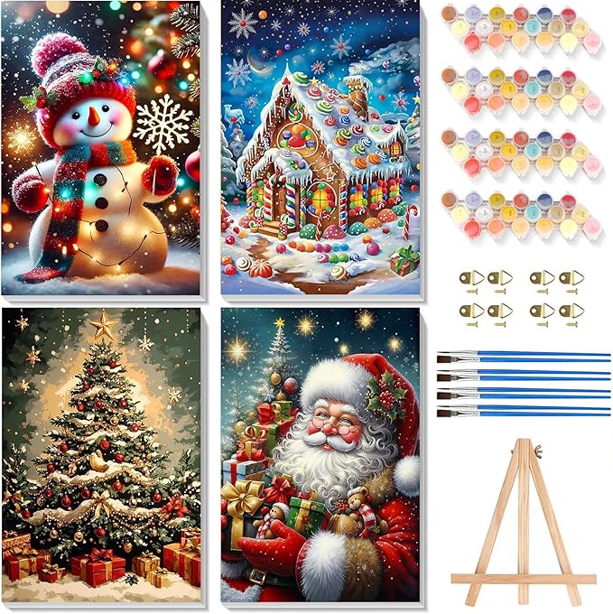 Christmas Paint by Numbers for Adults with Framed Canvas - with Wooden Easel, 4 Pack Paint by Number for Beginners, Xmas Acrylic Oil Painting on Canvas with Brushes for Home Wall Decor (8x12 inch)