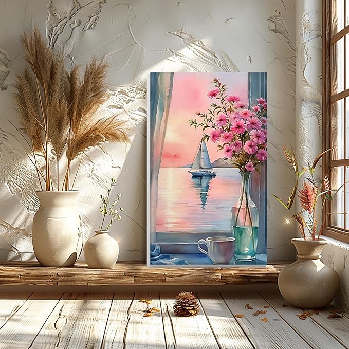 GHHKUD Window Flowers Paint by Numbers Kits with Frame for Adults Beginners, DIY Landscape Paint by Numbers for Kids, Painting Art on Canvas Gifts Home Wall Decor 20x30cm