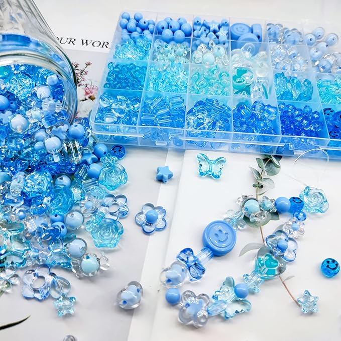 450pcs Blue Acrylic Assorted Beads - Pastel Heart Star Butterfly Smile Face Mickey Cute Aesthetic Bulk for Bracelets Jewelry Making Phone Charm Crafts