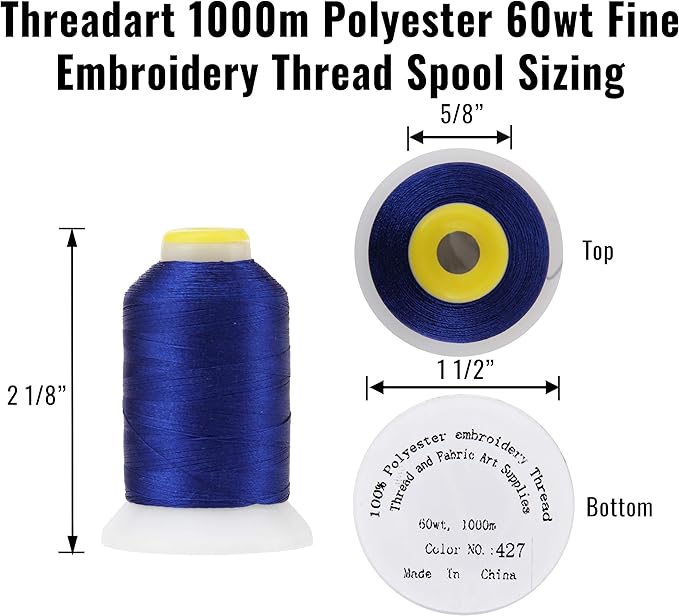Threadart 60 Weight Micro Embroidery Thread | Fine Line Lettering & Bobbin Thread | 1000m Spools - 30 Colors Available - Dana Blue