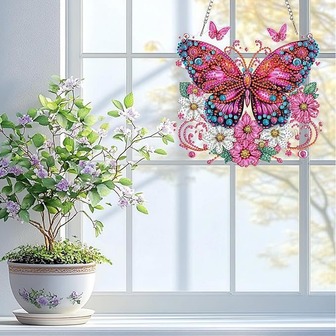 QENSPE Diamond Art Hanging Kits for Adults, 5D Pink Butterfly Special Shape Diamond Paingting Ornaments Kits with Chain, DIY Flowers Crystal Window Pendants for Home Wall Decor Double Sided 8X8 inch