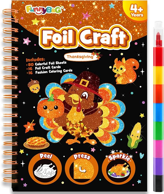 funnyb&g foil art craft activity for kids - thanksgiving crafts gift bags for kids autumn harvest school party favors birthday gifts goodies stuffers for girls boys 4 5 6 7 8 9 years old(thanksgiving)