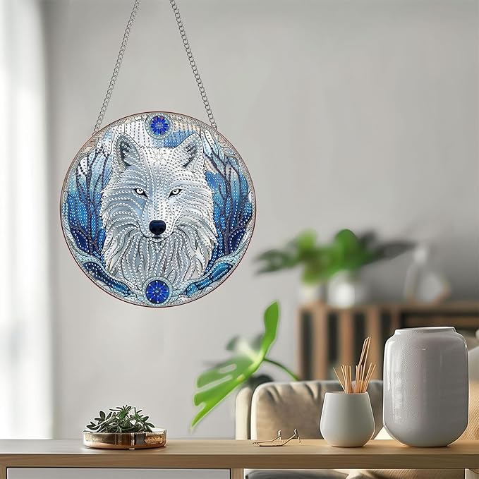 Bimkole White Wolf Diamond Art Hanging Kit for Adult, DIY 5D Diamond Art Animals Window Pendant, Acrylic Crystal Art Hanging Ornament Home Wall Garden Front Door Sign Outdoor Decor 7.8x7.8 Inch