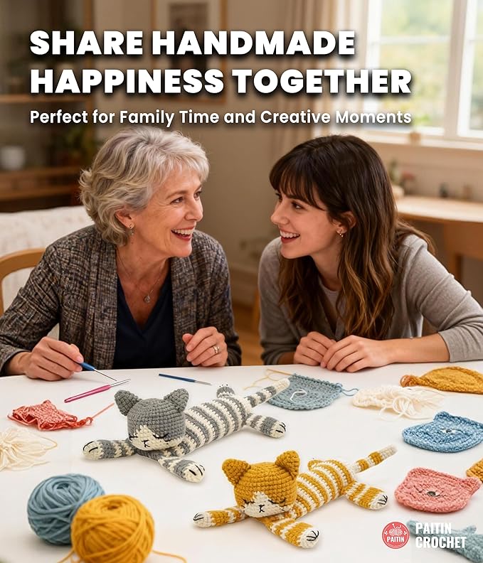 PAITIN Crochet Kit for Beginners – DIY Sleeping Cat Amigurumi Crochet Project Kit with Step-by-Step Video Tutorial, Complete Materials and Beginner Handbook