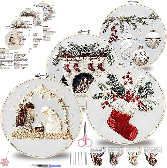 QBQBQ 4 Sets Christmas Embroidery Kits for Adults, Embroidery Kit for Beginners, Cross Stitch Kits for Beginners with Pattern, Needles, Threads, Tools (Christmas Kits B)