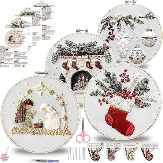 QBQBQ 4 Sets Christmas Embroidery Kits for Adults, Embroidery Kit for Beginners, Cross Stitch Kits for Beginners with Pattern, Needles, Threads, Tools (Christmas Kits B)