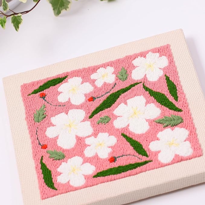 embroidery punch needle kit frame, embroidery starter kits for beginner kids,punch needle fabric with pattern,threader, yarns,embroidery hoops & rug punch(pink)