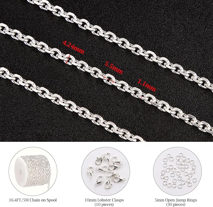 KYUNHOO 16.4 Feet Silver Jewelry Making Chains Bulk on Spool Oval Cable Chain Links for Women Men DIY Crafts with Jump Rings Lobster Clasps Supplies