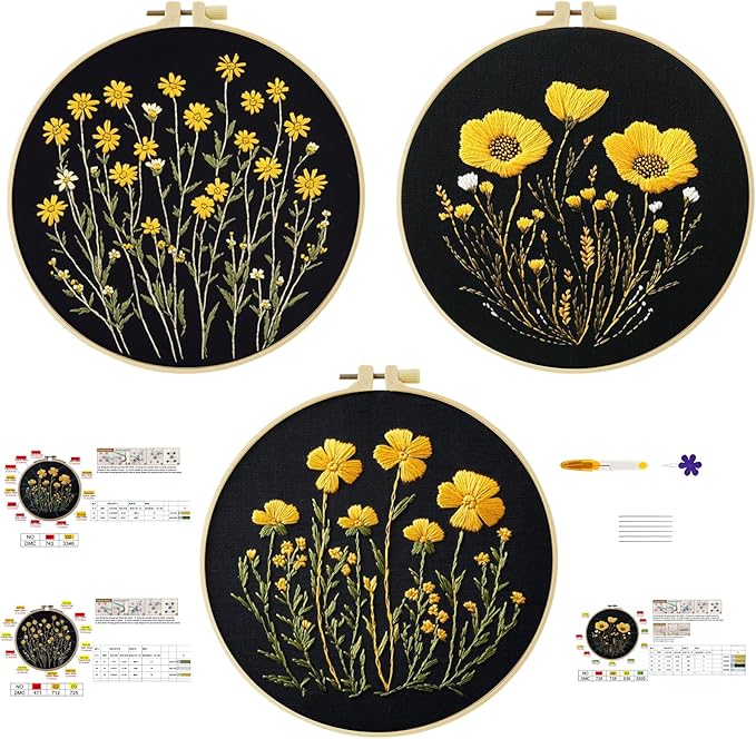 57lilina embroidery kit for beginners, pack of 3 with hoops, threads, needles - starter cross stitch supplies for adults, gift for relaxation craft lovers, flower theme