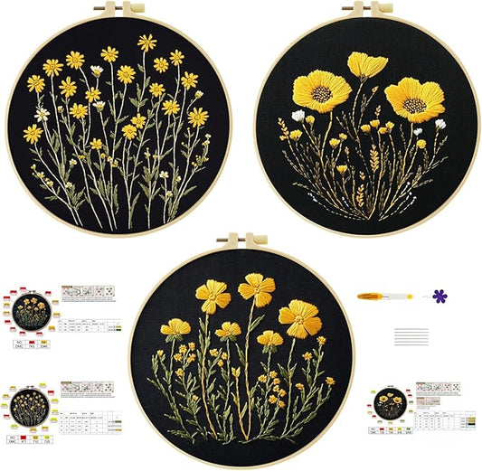 57lilina embroidery kit for beginners, pack of 3 with hoops, threads, needles - starter cross stitch supplies for adults, gift for relaxation craft lovers, flower theme