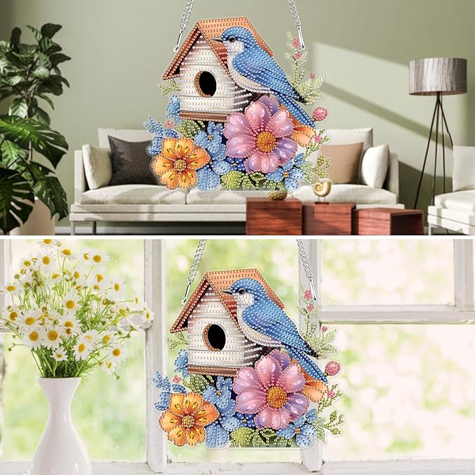 MXJSUA Birdhouse Flowers Special Shaped Hanging Diamond Painting Art Kits for Adults, Crystal Rhinestone Acrylic Gem Art Pendant Ornaments Kit for Home Decoration and Gift
