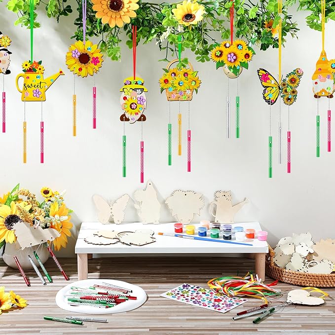 JellyArch 30 Pack Summer Sunflower Wind Chime Making Kit, Make Your Own Butterfly Gnome Wind Chime Wooden Spring Ornaments for Adults DIY Crafts Activity Birthday Decoration