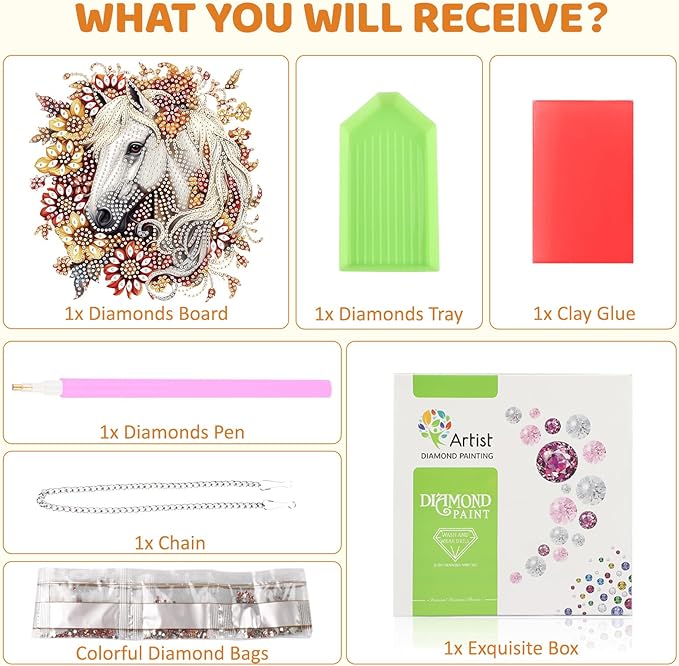 MEIYUDA Horse Diamond Painting Kits Hanging, DIY Flowers Horse Diamond Art Window Pendant for Adults, Special Shape Rhinestone Ornament, Crystal Gem Art Craft for Home Garden Wall Decor