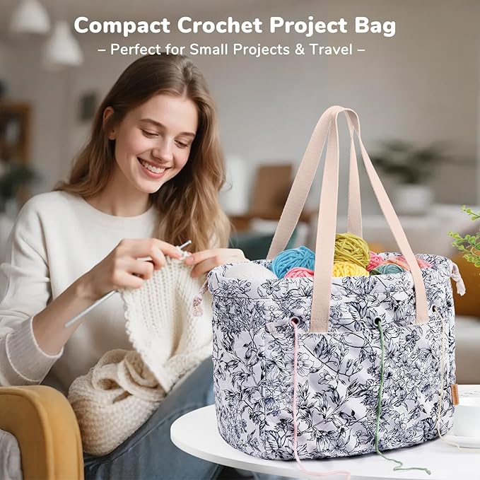 MYBAGZING Portable Crochet Bag Organizer with Crochet Hook Organizer Roll, Quilted Yarn Storage Tote with Grommets, Knitting Project Bag for Yarn & Accessories, Floral Craft Tote Gift for Crocheters