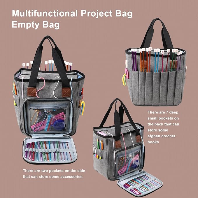 LOOEN Yarn Knitting Storage Tote-Large Capacity Crochet Organizer Portable Travel Bag With Shoulder Strap Crochet Hooks Case for Unfinished Bulk Project