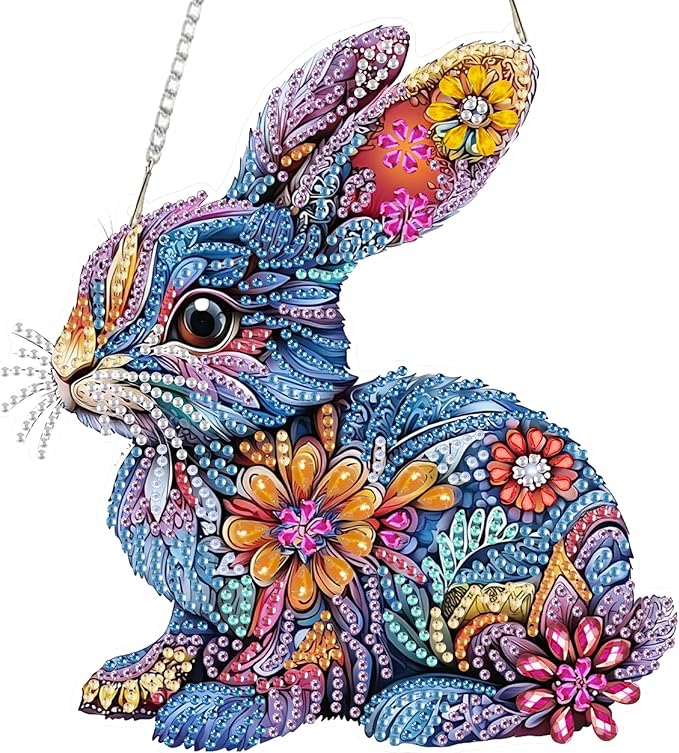 SENQAO Rabbit Diamond Art Hanging Kit for Adult, Special Shaped Rhinestone, DIY Acrylic 5D Diamond Art Painting Window Pendants Home Garden Wall Hanging Kits Hanging Ornament（Easter Rabbit）