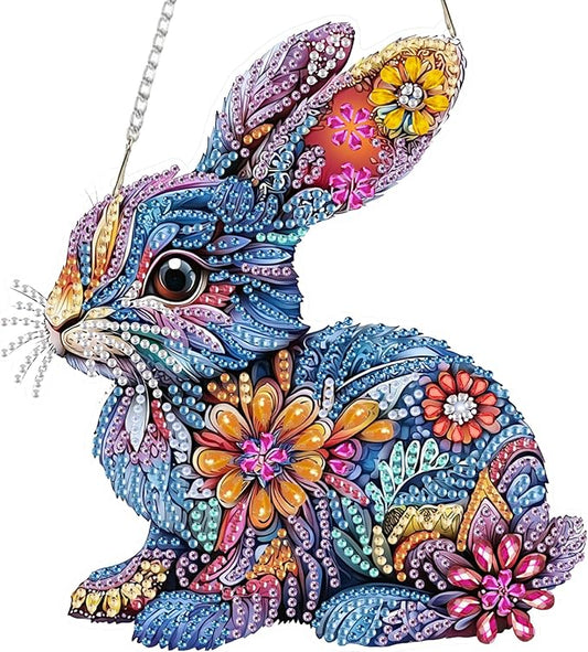 SENQAO Rabbit Diamond Art Hanging Kit for Adult, Special Shaped Rhinestone, DIY Acrylic 5D Diamond Art Painting Window Pendants Home Garden Wall Hanging Kits Hanging Ornament（Easter Rabbit）