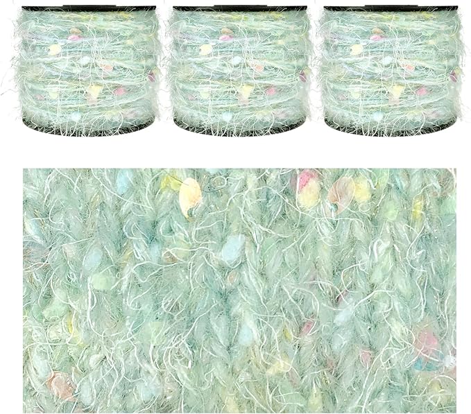Sparkle Yarn, Acrylic Yarns for Knitting Crocheting Crafts DIY, Glitter Sequins Yarn,Set of 3 Rolls (Light Green)