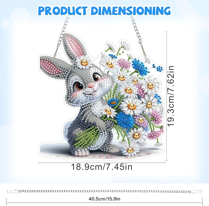 Bowetile Rabbit Diamond Art Hanging Kits for Adults, Diamond Art Suncatchers Bunny, 5D Special Shape Diamond Painting Flowers Pendant Window Ornament Easter Gifts for Home Wall Decor