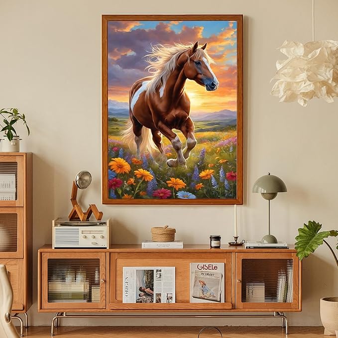 Fountor Horse Diamond Art Kits for Adults, Horse Diamond Painting Kits for Adults Beginners, DIY 5D Flower Diamond Painting with Round Gem Art Kits for Gift Home Wall Decor 12x16 Inch