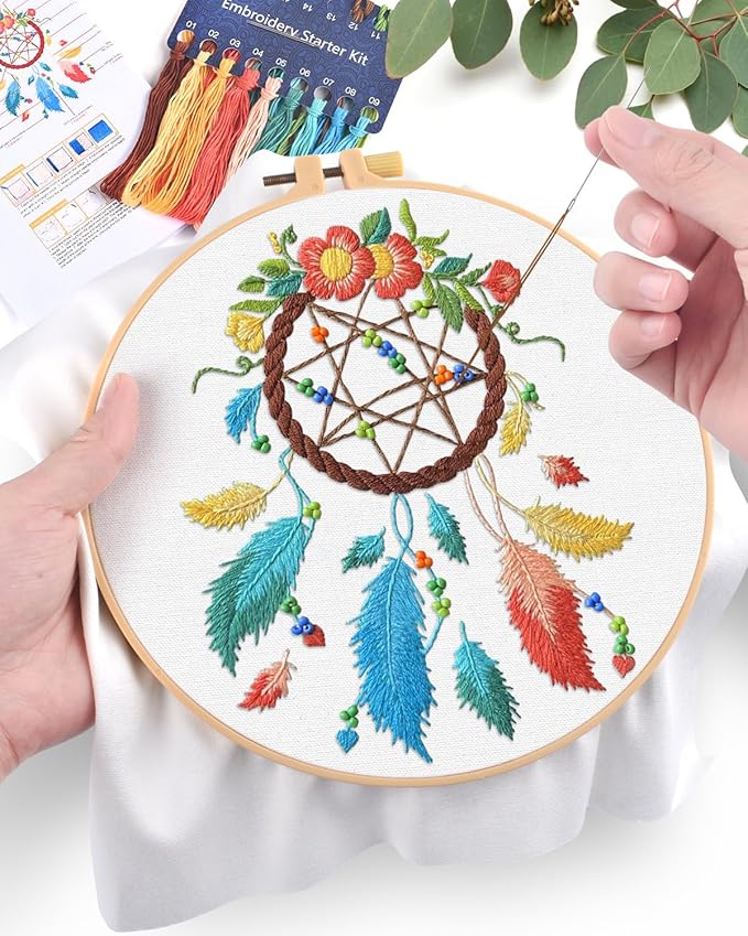 ERKOON Embroidery Kit for Beginners, Flower Cross Stitch Set for Include Embroidery Cloth Hoops Threads for Craft Lover Hand Stitch with Embroidery Skill Techniques (Dreamcatcher)