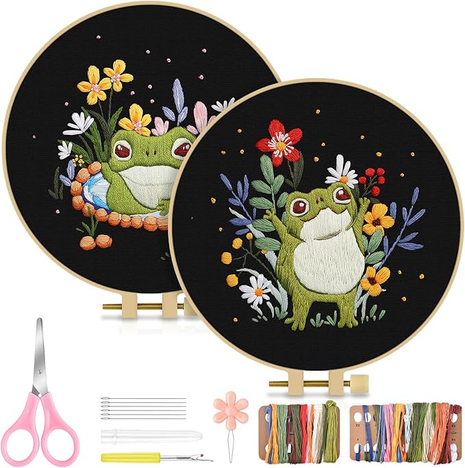 TINDTOP 2 Pack Embroidery Kit for Adult, Embroidery DIY Starter Kit, with Stamped Patterns, Hoop, Tools, Colorful Threads with Needles, Instructions (Frog)