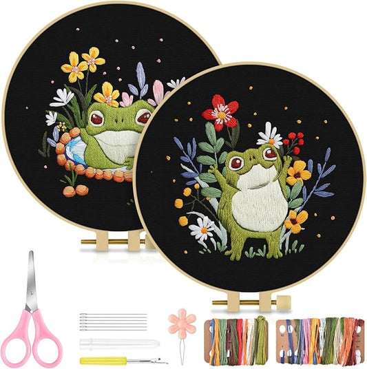 TINDTOP 2 Pack Embroidery Kit for Adult, Embroidery DIY Starter Kit, with Stamped Patterns, Hoop, Tools, Colorful Threads with Needles, Instructions (Frog)