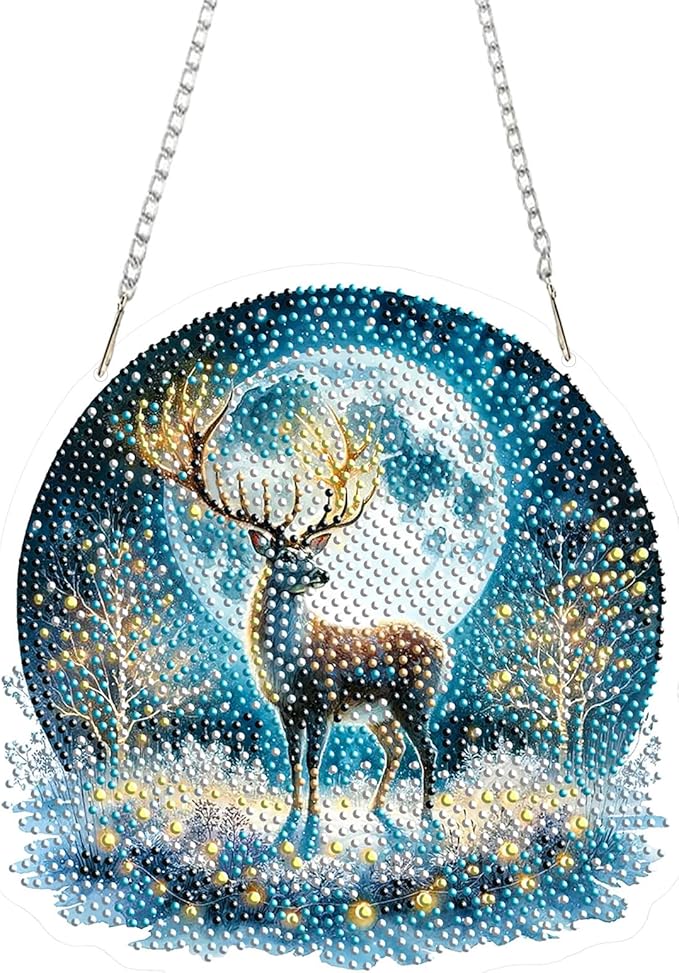 EMIEAUFG Christmas Diamond Art Hanging Kit for Adult, Xmas Deer Diamond Art Pendants, Double Sided Acrylic, 5D Special Shaped Rhinestone, Diamond DIY Ornament for Window Home Wall Decor