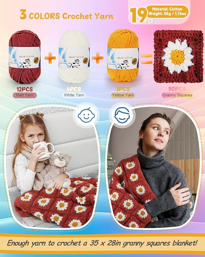 Coopay Crochet Kit Beginners for Blanket, Granny Squares Crochet Blanket Kit with Instructions & Enough Yarn, Complete Crocheting Starter Set Easy Learn to Knitting Blanket for Adults (Roman Red)