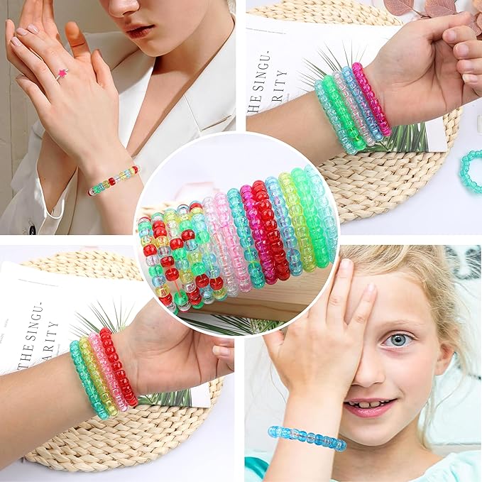 Glitter Pony Beads - 1000 Pcs Clear Plastic Beads for Friendship Bracelets - Assorted 10 Colors - 6x9mm