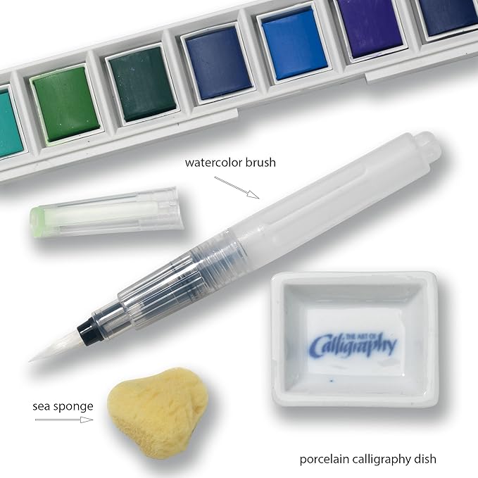 24 Assorted Water Colors Travel Pocket Set- Quality Refillable Water Brush with Sponge - Easy to Blend Colors - Built in Palette - Perfect for Painting On The Go JQ-124