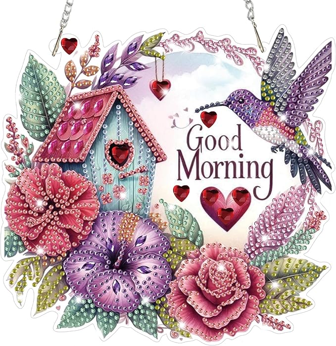Bowetile Birds Diamond Art Hanging Kits for Adults, Good Morning Diamond Art Suncatchers Flowers, 5D Special Shape Diamond Painting Pendant Window Ornament Gifts for Home Door Wall Decor