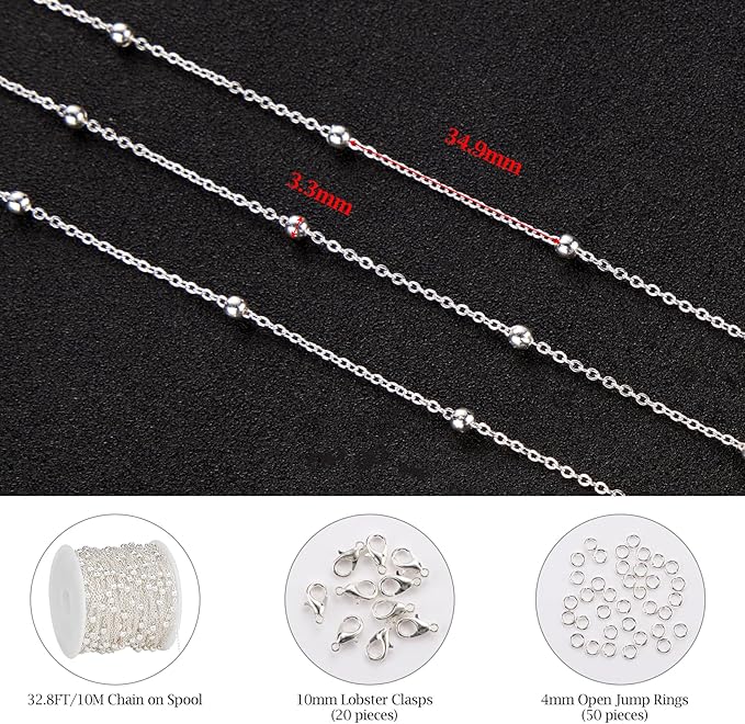 KYUNHOO 32.8 Feet Beaded Chain for Jewelry Making Thin Cable Chains Bulk Silver Jewelry Supplies for Women Men DIY Handcrafts with Lobster Clasps Jump Rings