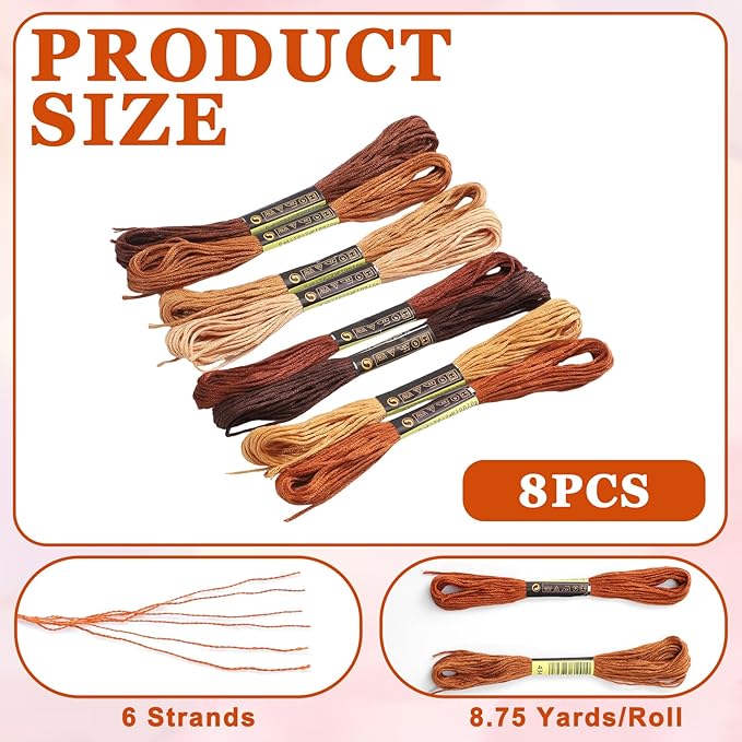 8 PCS Brown Embroidery Floss Thread Variegated Floss Friendship Bracelet String Threads Bulk Embroidery Thread Flosses Cross Stitch Threads for Jewelry Making Sewing Bracelet Stitching Knitting Craft