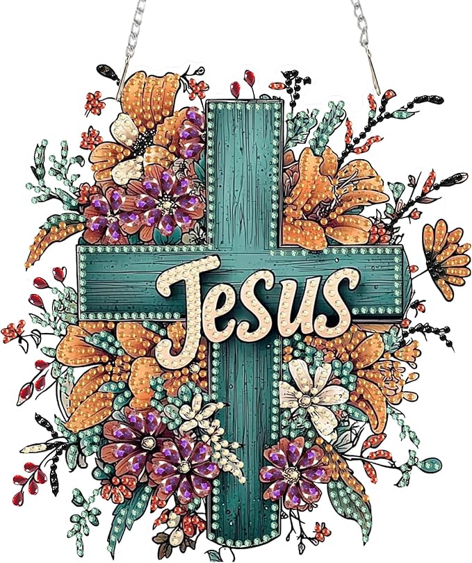 SENQAO Cross Flower Diamond Art Hanging Kit for Adult, Special Shaped Rhinestone,DIY Acrylic 5D Diamond Art Painting Window Pendants Home Garden Wall Hanging Kits Hanging Ornament（Jesus）