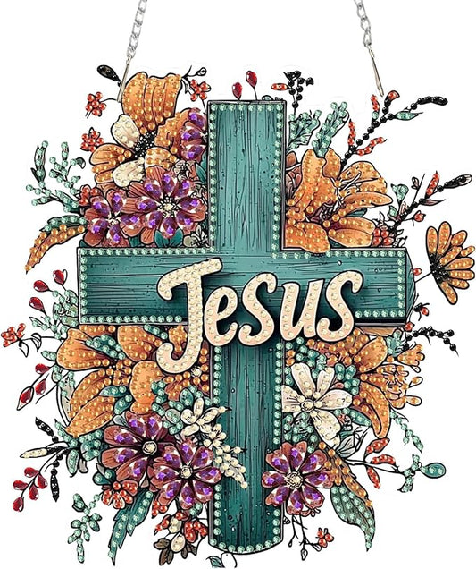 SENQAO Cross Flower Diamond Art Hanging Kit for Adult, Special Shaped Rhinestone,DIY Acrylic 5D Diamond Art Painting Window Pendants Home Garden Wall Hanging Kits Hanging Ornament（Jesus）