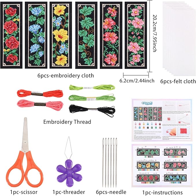 ORIGACH 6 Set Floral and Vine Cross Stitch Bookmark Kit for Beginner with Backing Felt Floss Instructions DIY Stamped Embroidery Bookmark Kit for Adults, Book Lovers