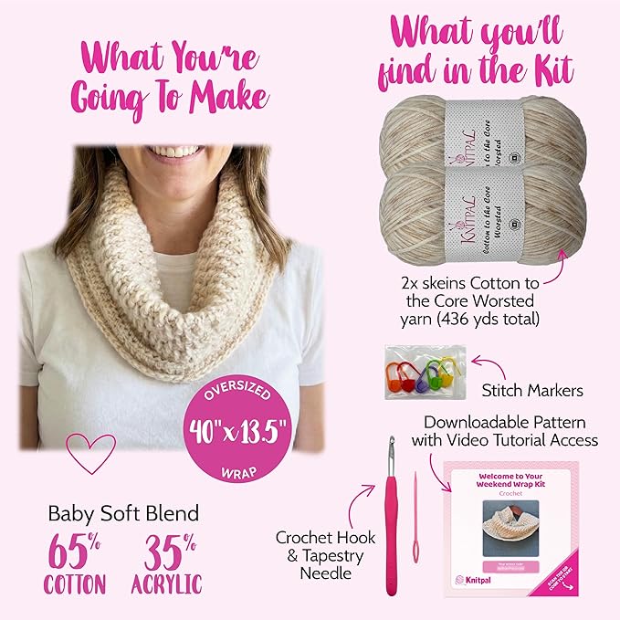 KnitPal Crochet Weekend Wrap Kit for Confident Beginners – All-in-One Crochet Kit with Cotton Blend Yarn, Hook, Pattern & Video Tutorials (Pearl White)