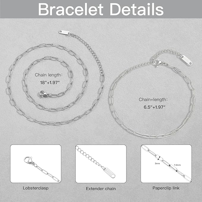 Swyabi 20 Pack Stainless Steel Paperclip Chains Link Adjustable Necklace Bracelet Bulk for Men Women DIY Bracelets Crafts