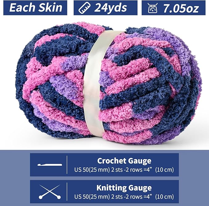 10 Pack Jumbo Chunky Yarn for Hand Knitting, Fluffy Chunky Chenille Yarn for Crocheting, Variegated Chunky Knit Baby Blanket Yarn, 240 yds /70.5 oz Super Bulky Yarn(Vibrant Purple)