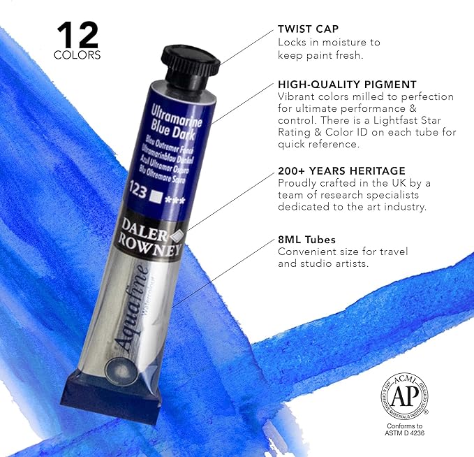 Aquafine Daler Rowney Watercolour Introduction Set-12 x 8 mL Tubes, Assorted