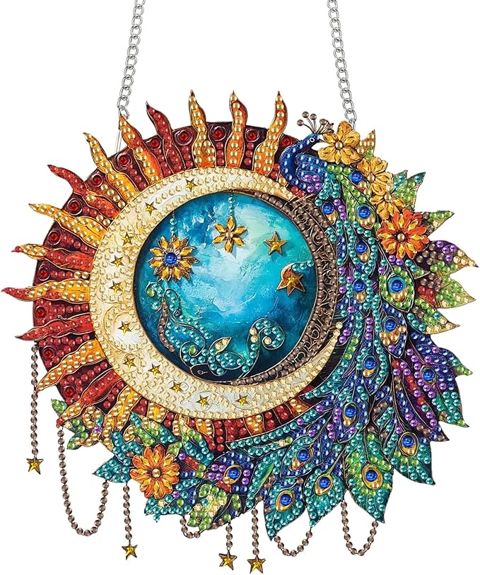 Bimkole Peacock Feather Diamond Art Hanging Kit for Adult, DIY 5D Moon Diamond Art Painting Window Pendant, Acrylic Crystal Art Hanging Ornament for Wall Home Garden Front Door Decor - 7.8x7.8 Inch