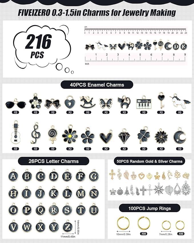 FIVEIZERO 216PCS Bracelet Charms for Jewelry Making – Assorted Gold & Silver Metal Enamel Pendants with Jump Rings for Necklaces, Earrings & DIY Jewelry Crafts(Black)