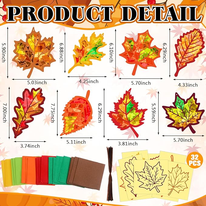 Motipuns 32 Sets Thanksgiving Day Maple Leaf Suncatchers Craft Kits DIY Fall Leaf Tissue Paper Crafts Stained Glass Effect Tissue Paper Kit for Autumn Halloween Window Art